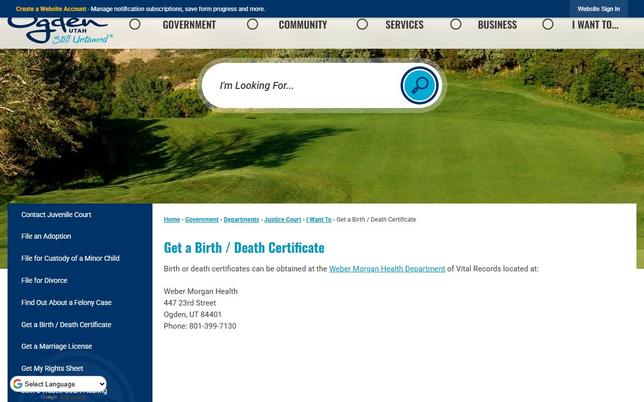 Ogden birth records Weber-Morgan Health Department vital records page