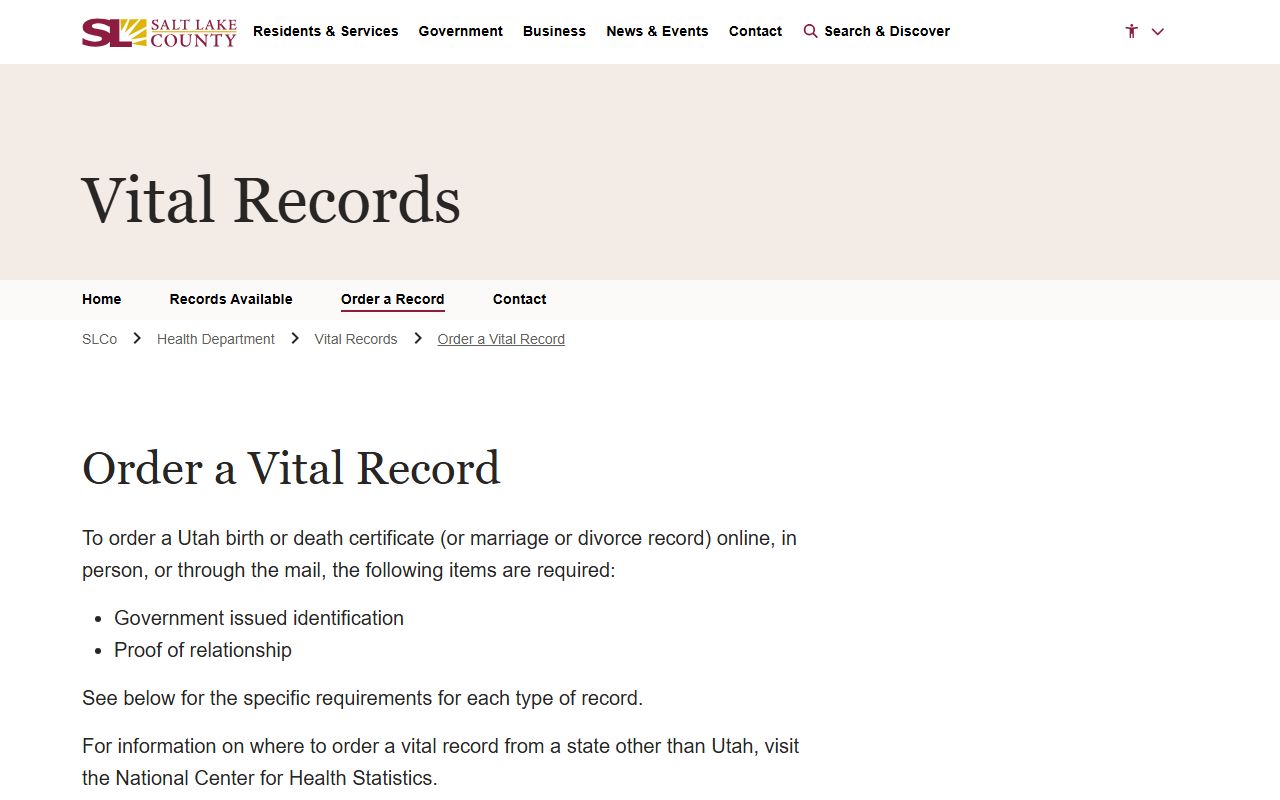 West Valley City birth records ordering page at Salt Lake County Health Department