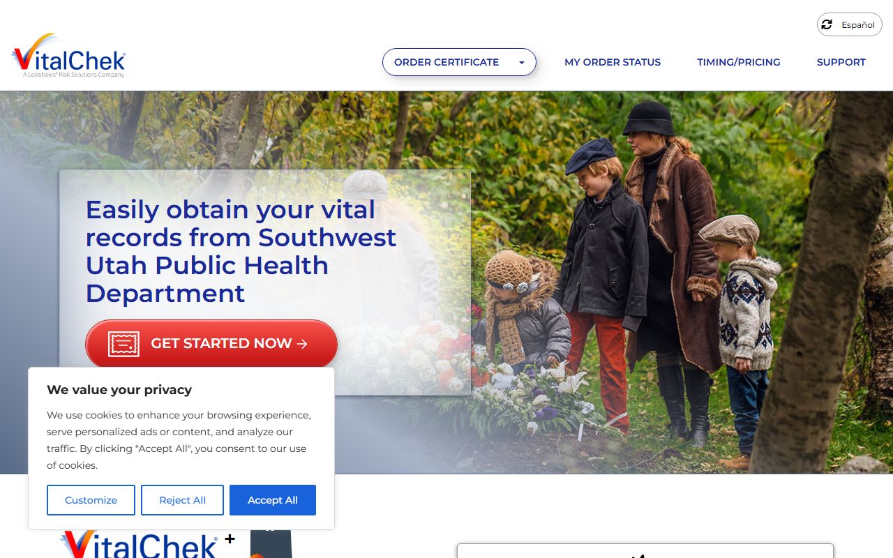 VitalChek ordering page for Beaver County birth records through Southwest Utah Health District