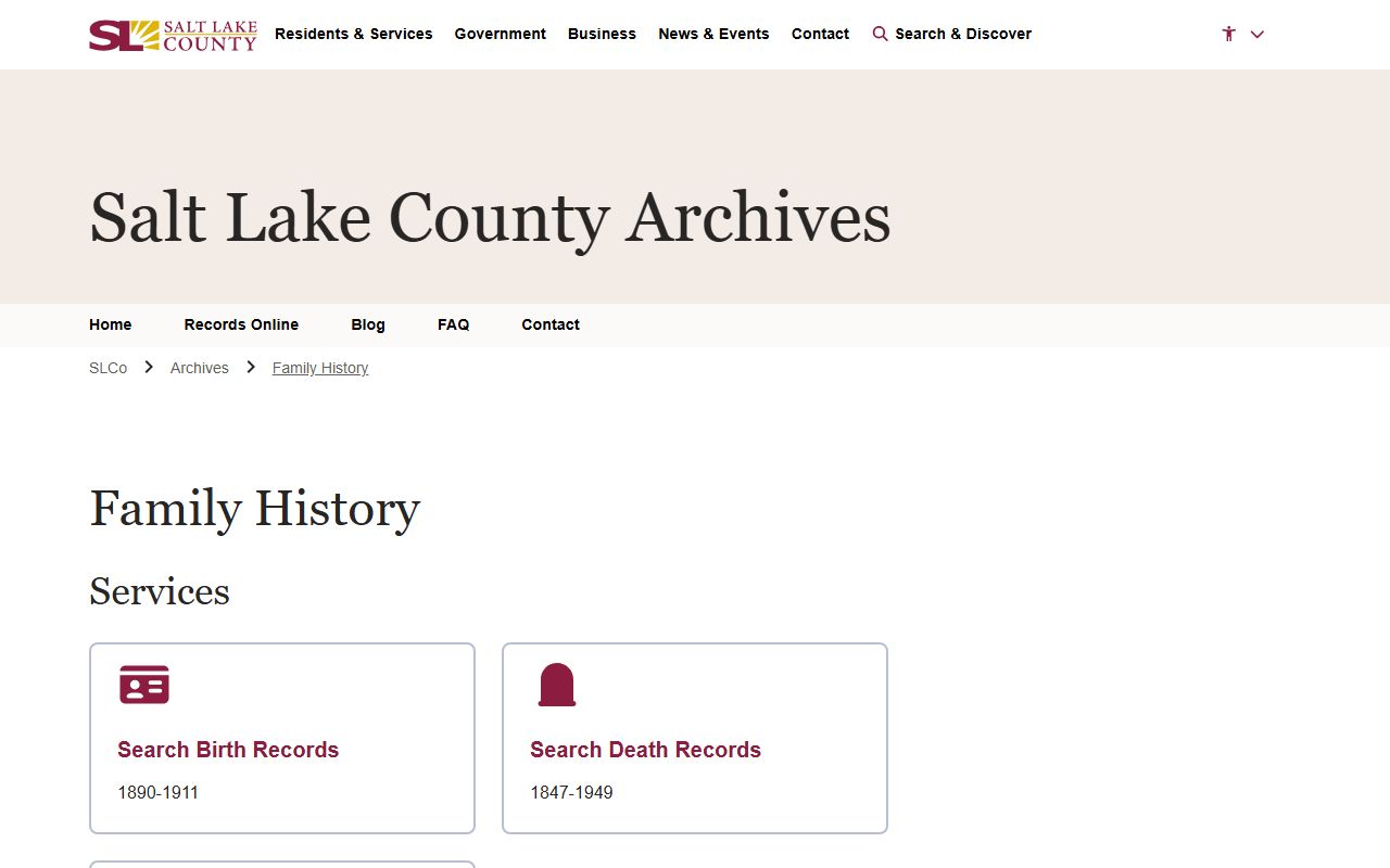 Salt Lake County Archives family history page for historical birth records