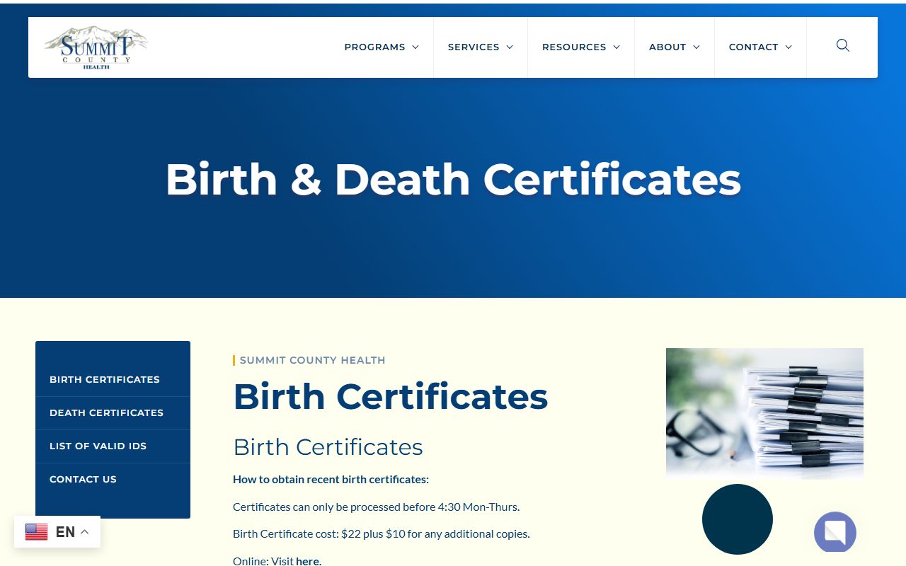 Summit County Health Department birth records page for Summit County birth certificates