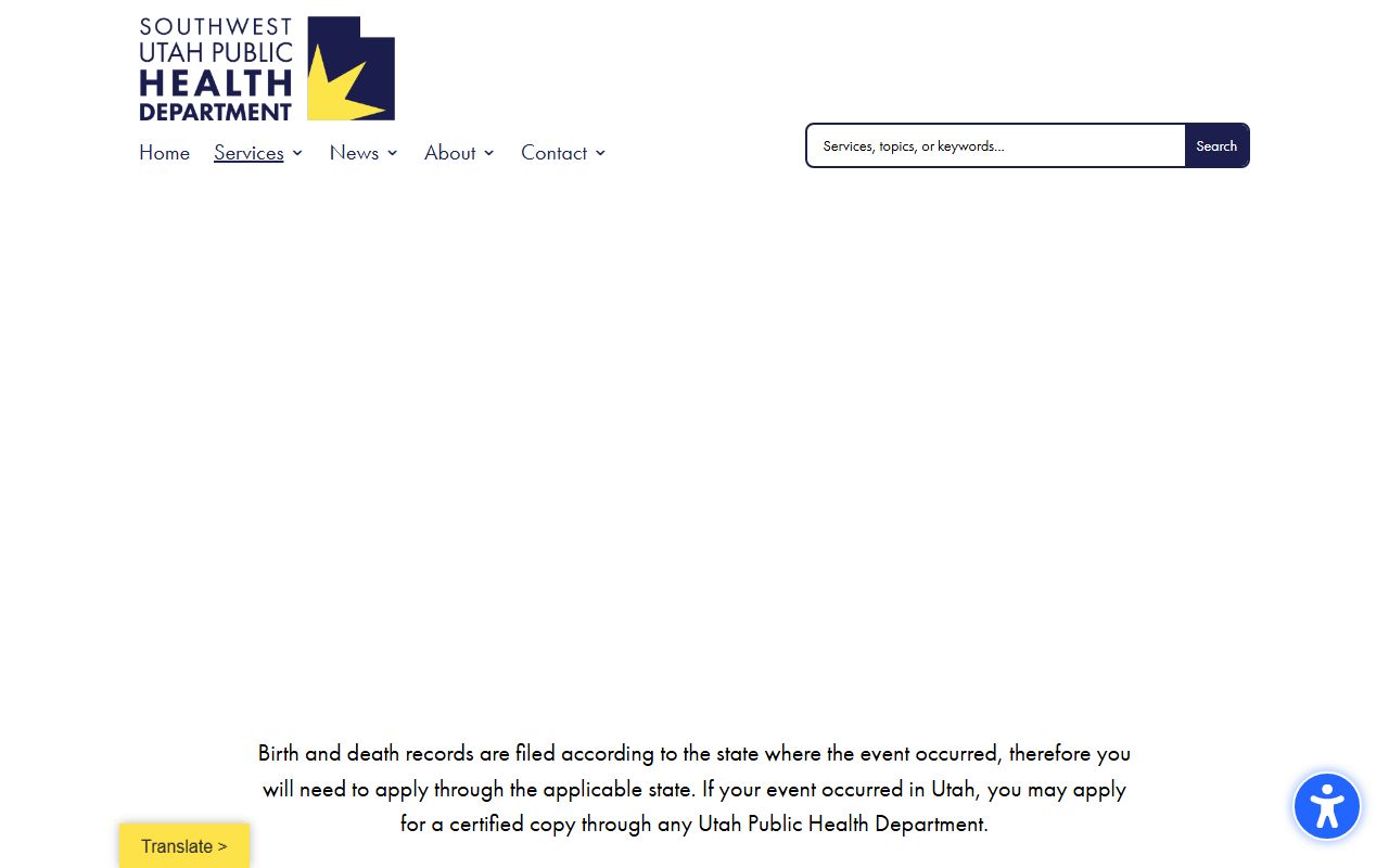 Southwest Utah Public Health Department birth records page for Washington County
