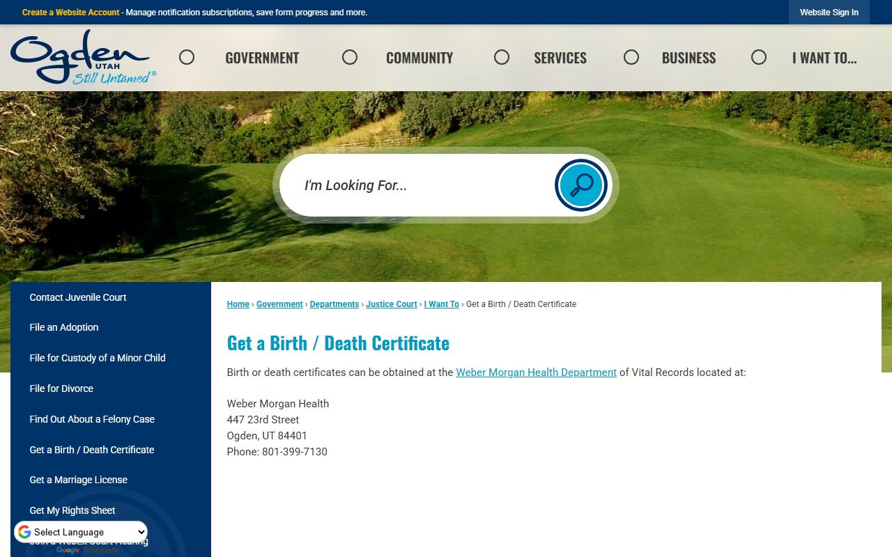 Ogden City vital records page directing to Weber County birth records office