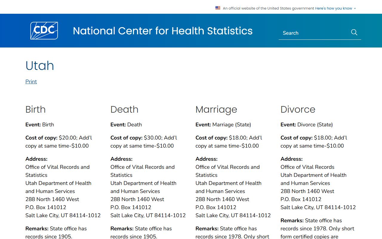CDC vital records information page for Utah birth records