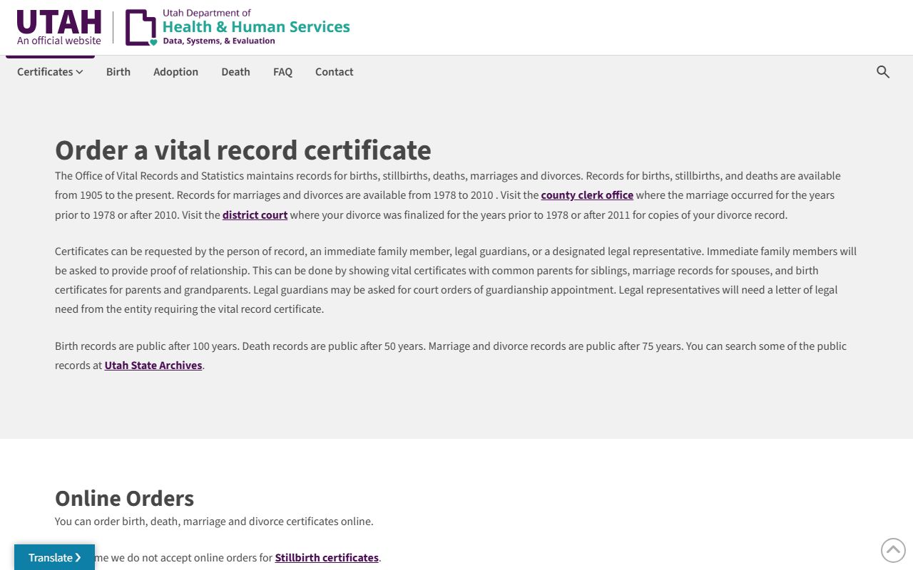Utah Office of Vital Records and Statistics online ordering portal for birth records
