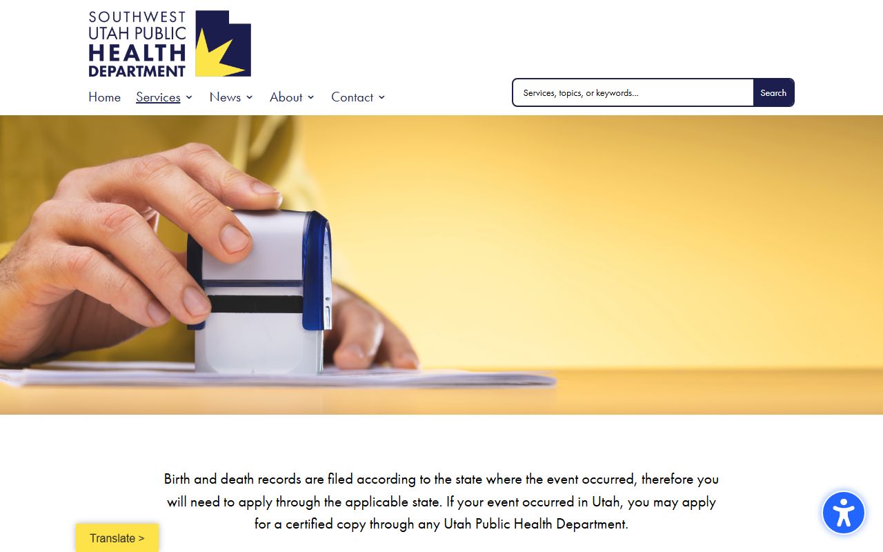 Southwest Utah Public Health Department birth records services page