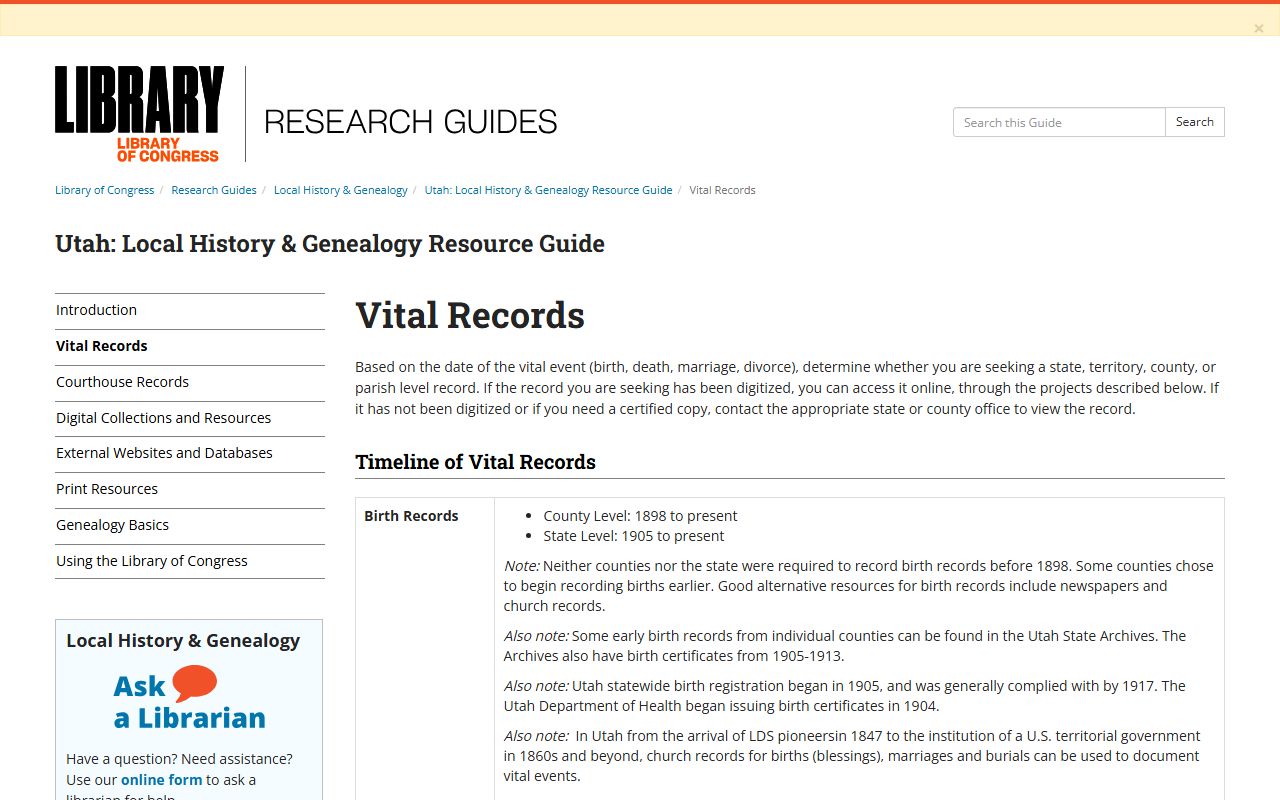 Library of Congress guide to Utah birth records and vital records research