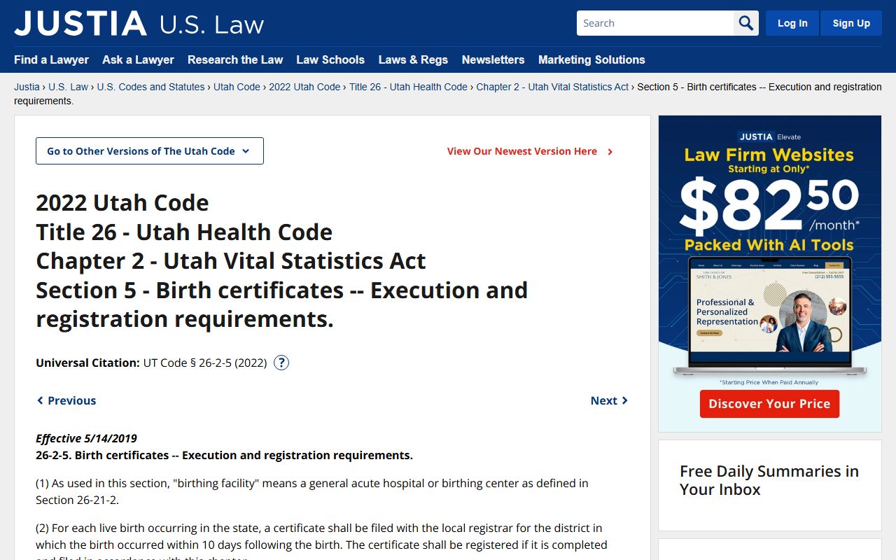 Utah Vital Statistics Act covering birth certificate requirements and registration